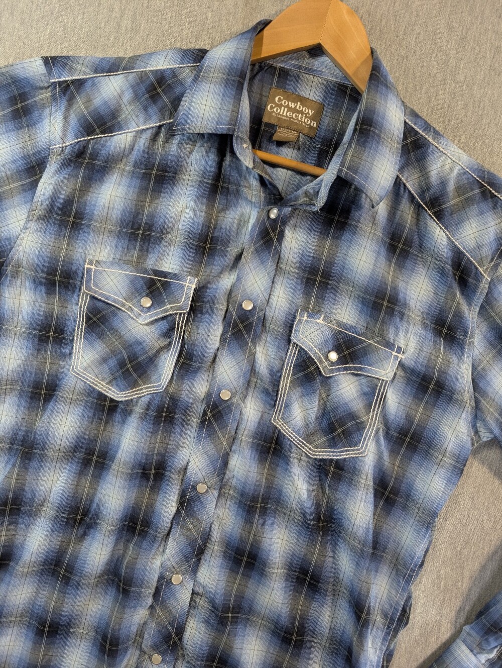 Cowboy Collection Western Plaid Shirt Men's Large Pearl Snap Lammles Blue White